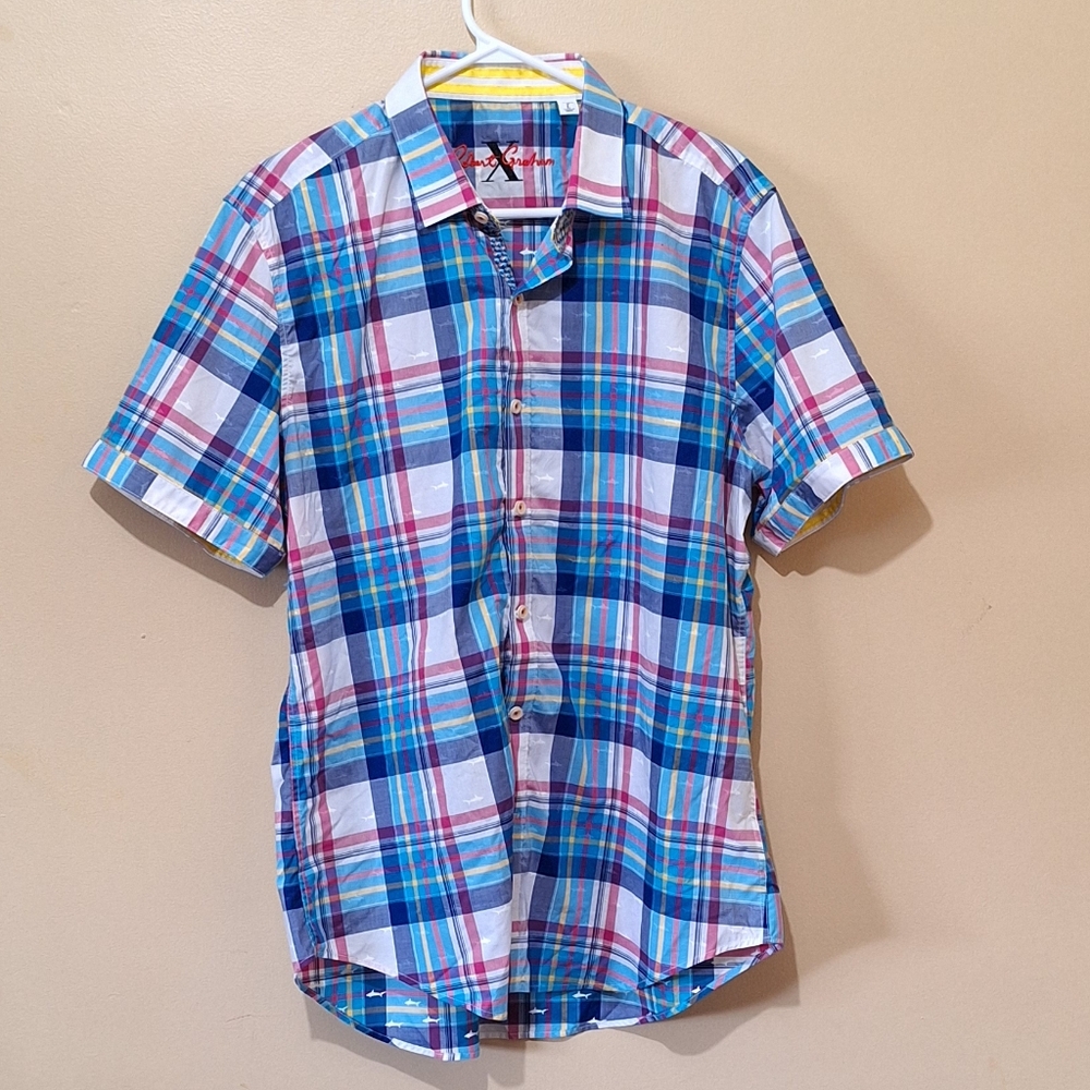 Robert Graham Short Sleeve Button Down Plaid Shirt With Shark Print